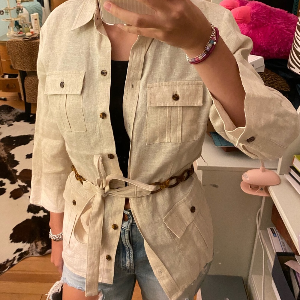 Michael Kors Long Sleeve Belted Linen Button Down